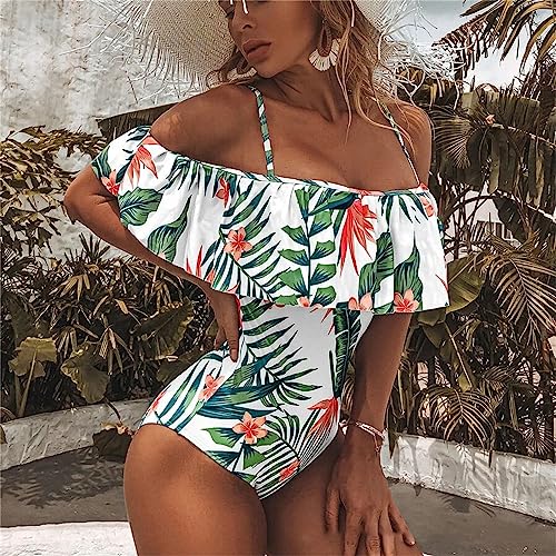 Women's One Piece Off Shoulder Vintage Swimsuits Floral Print Ruffle Bathing Suits Beachwear Tummy Control Swimwear3