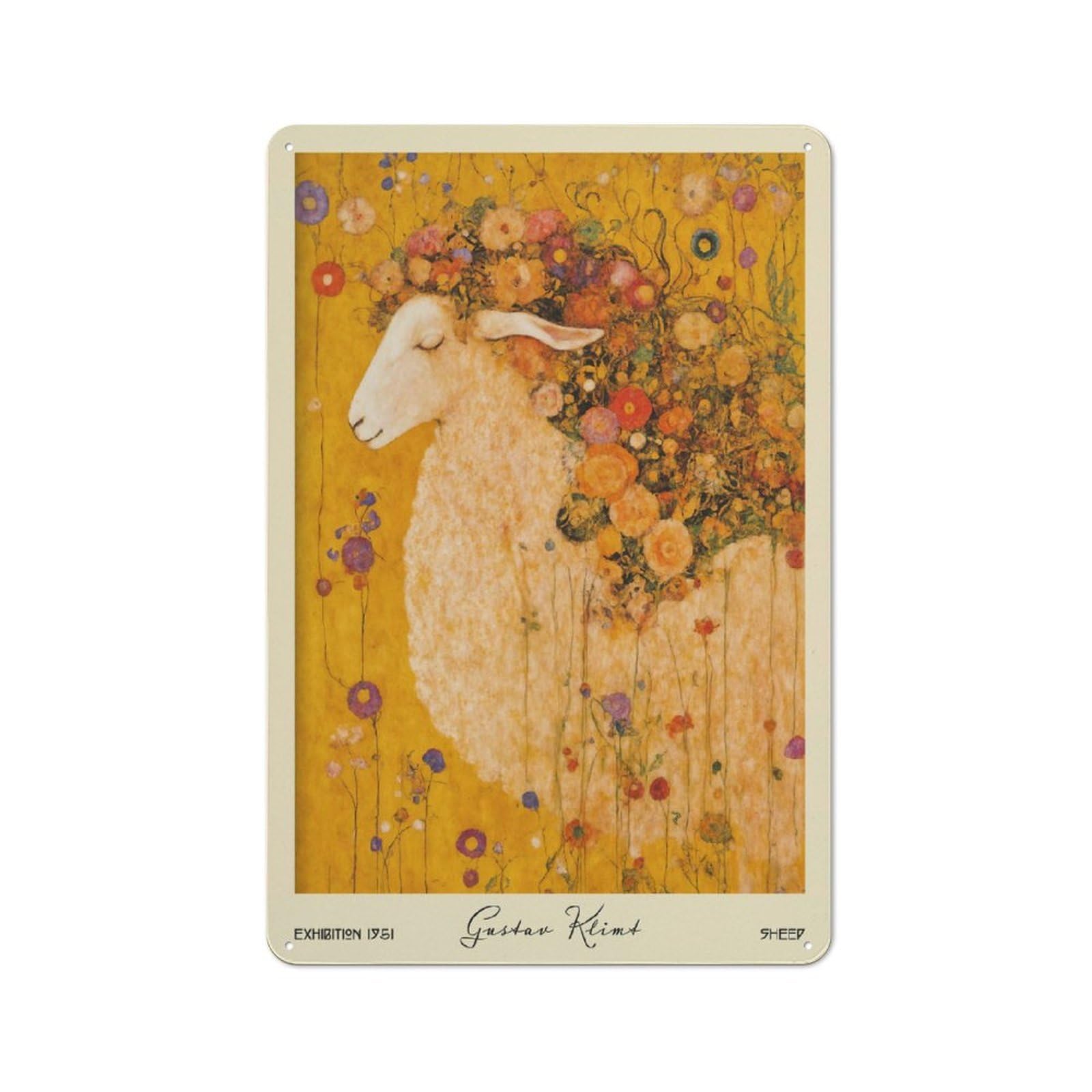Junmoney Style-21 Tin Sign With Gustav Klimt Sheep Floral Design 30X20cm, Creative Creative Space Decor For Home Office, Reading Corner Or Bedroom