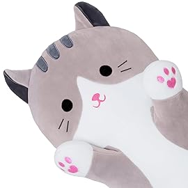 SNOWOLF Cute Long Cat Plush Body Pillow, Kawaii Cat Plushie Toys Cuddle Cartoon Stuffed Animals Soft Kitten Throw Pillow Doll Gift for Kids Girls Boys (27.5, Grey)