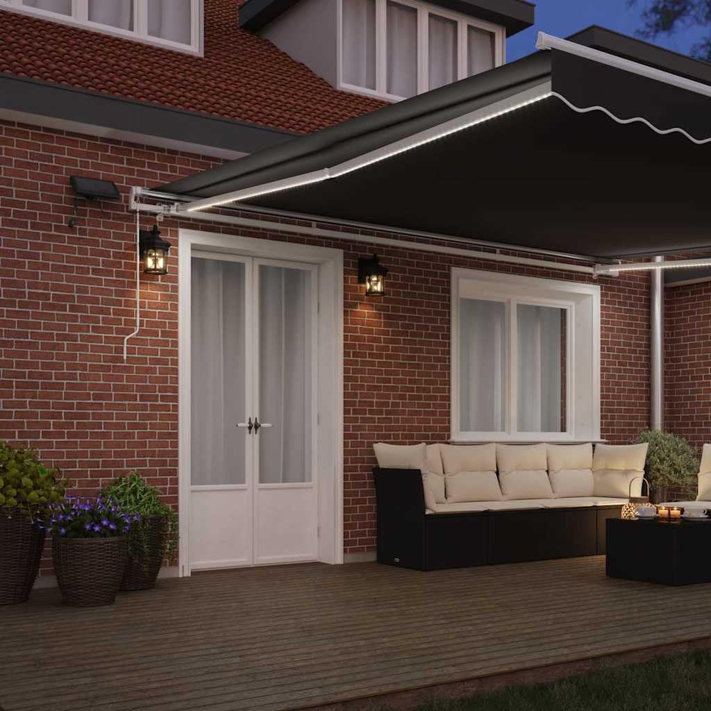 Rama markizy z listwami świetlnymi LED, biała, z aluminium, 400 x 350 cm, zwijana, z korbą, odporna na warunki atmosferyczne, do ogrodu, na taras, balkon, łącznie z montażem, zapewnia ochronę
