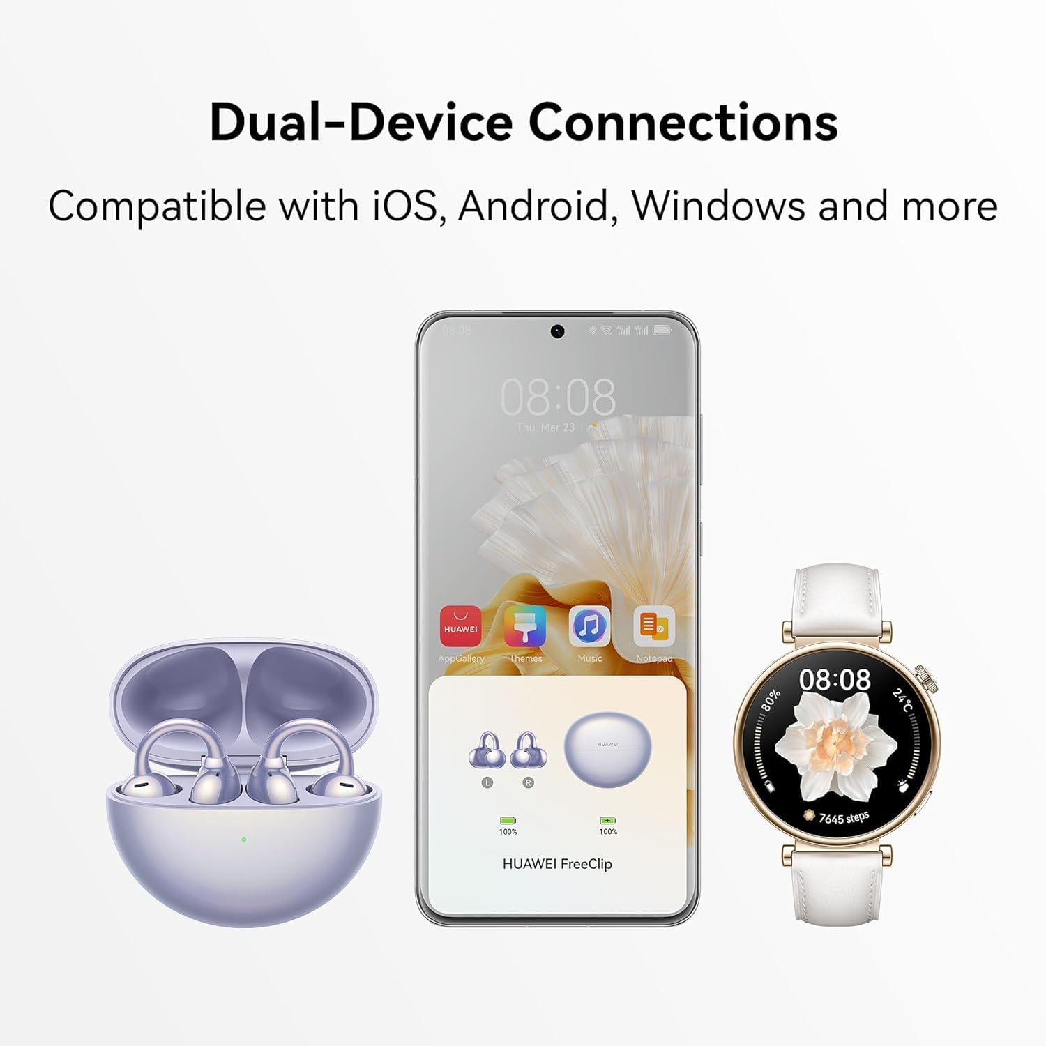 HUAWEI FreeClip, przełomowy, estetyczny design, lekkie jak piórko, słuchanie na otwartym uchu, długi czas pracy baterii, połączenie z dwoma urządzeniami, fioletowy