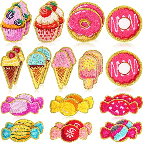 WILLBOND 28 Pcs Sweet Treats or Desserts Chenille Patches Self Adhesive Halloween Themed Party Decorations Cute Cupcakes Candy Embroidered Appliques Stickers for DIY Crafts Clothing Jackets Backpacks