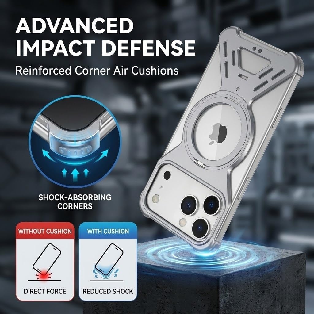 Frameless Aluminum Cooling Case for iPhone 17 Pro Max/17 Pro/17 Air/17 [Compatible with MagSafe] Magnetic Rotating Ring Stand, Open-Back Aluminum Frame, Slim Shock-Resistant Bumper(Gray,17 Pro)