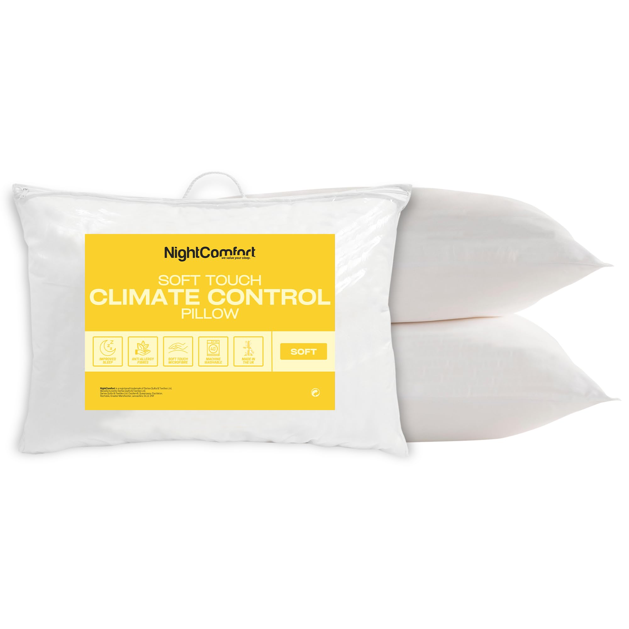 Night Comfort Pack Of 2 Climate Control Anti-Allergy White Pillow – Hypoallergenic Breathable Soft Support Pillows For Front Sleepers Filled With Bouncy Hollowfibre (46Cm X 74Cm)