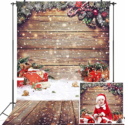 Christmas Wood Wall Photography Backdrop Rustic Wooden Floor Background Winter Holiday Glitter Christmas Party Decoration for Kids Portrait Photo Studio Props (5x7FT)