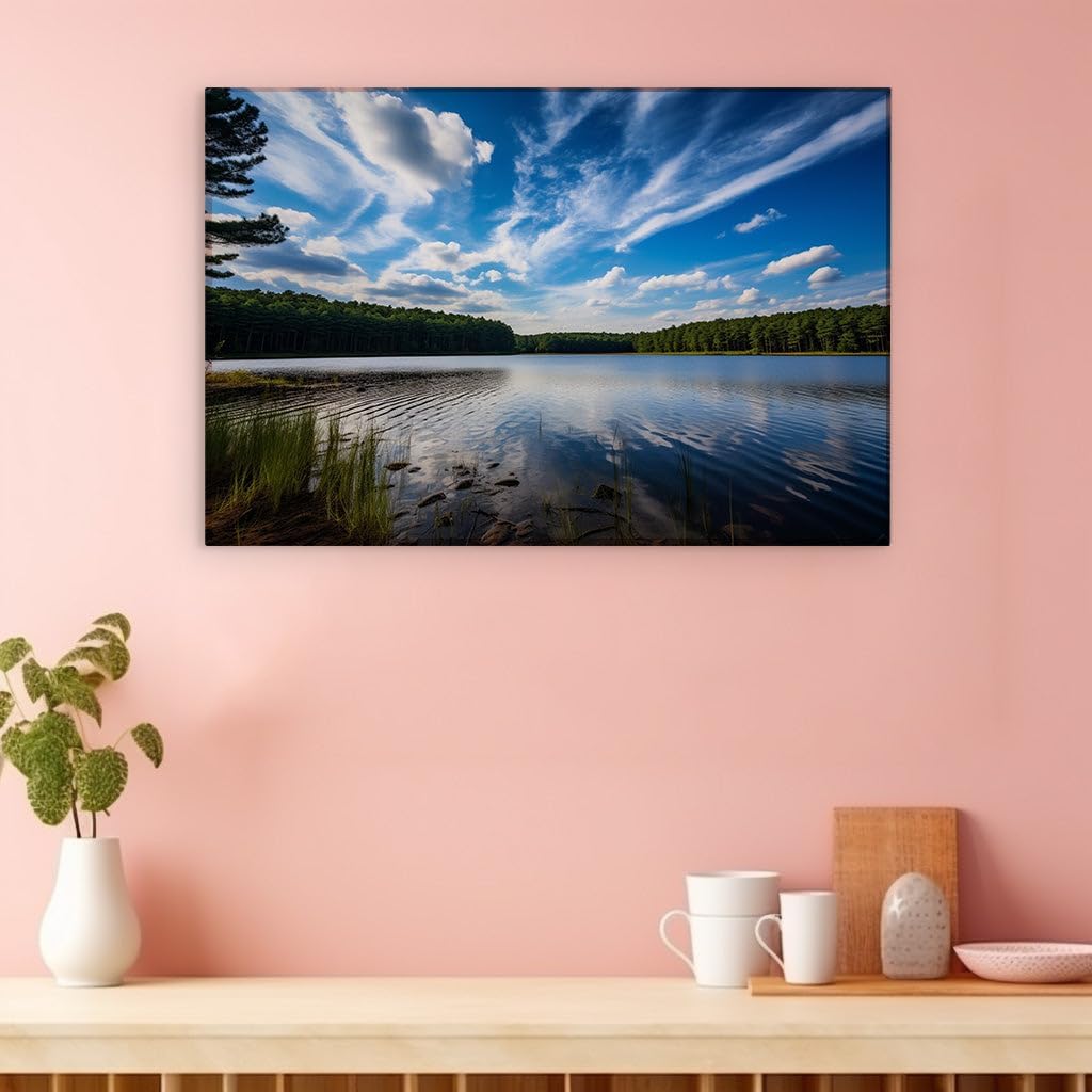 Canvas for Living room. Whispering Waters and Whispering Woods: A Serene Lakeside Sanctuary Unveiled, 27 x 18 inch Canvas Wall Art - Ready to Hang