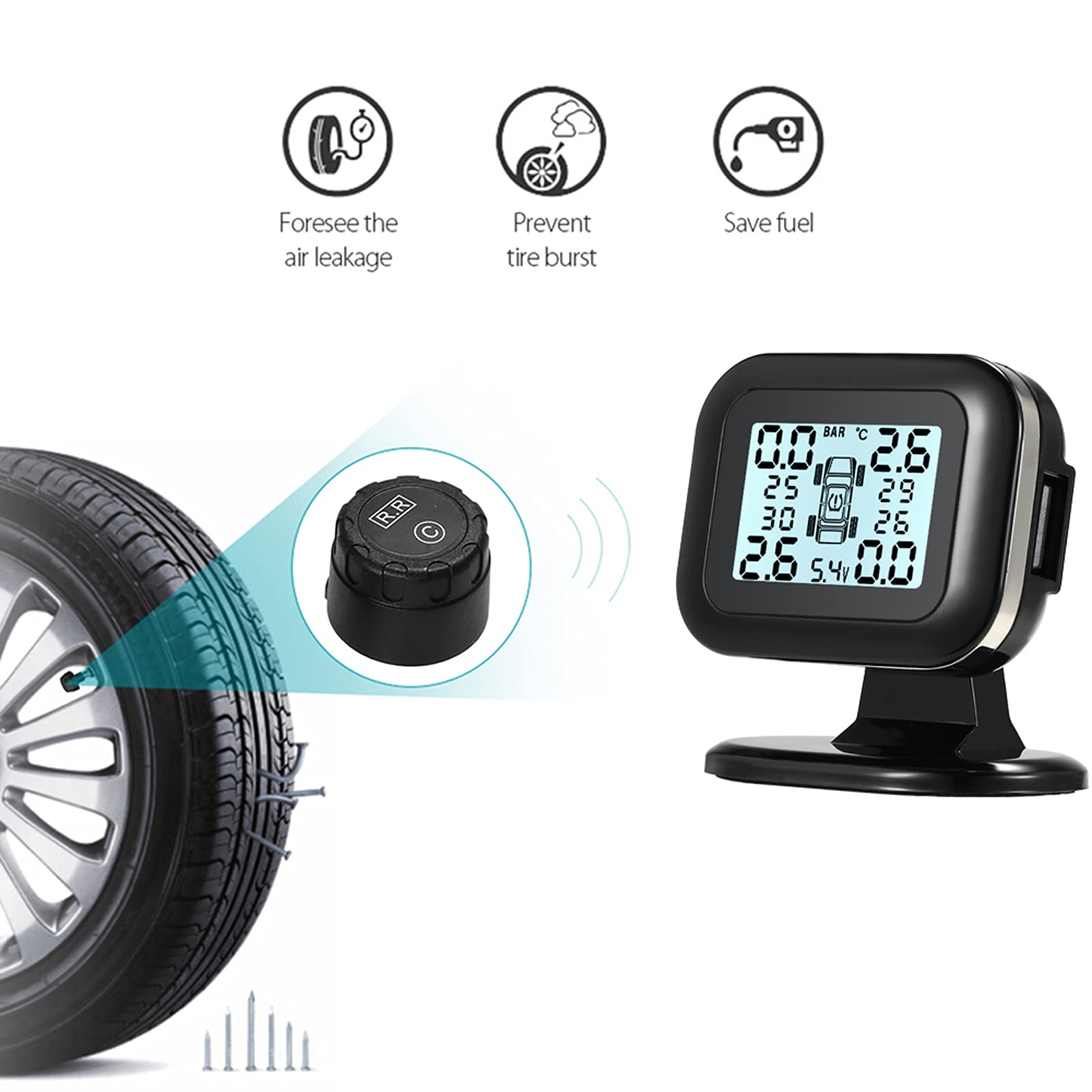 Tpms Sistema di monitoraggio della Pressione dei Pneumatici Display Wireless in Tempo Reale 4 sensori Esterni Funzione di Allarme Pressione Pneumatici