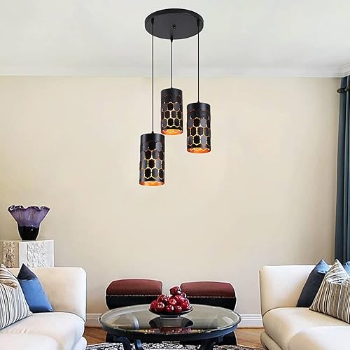 Miniatura 2 de Iluminación moderna de isla de cocina de 3 luces con jaula cilíndrica de metal, base redonda industrial, lámpara colgante múltiple para comedor,