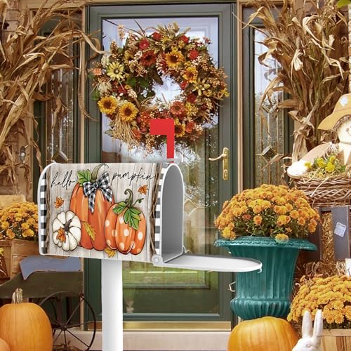 Image of Fall Hello Pumpkin Welcome Mailbox Cover Magnetic Standard Size 20.5 inch x 18 inch, Autumn Thanksgiving Decorative Post Letter Box Wrap Decor, Farmhouse Rustic Garden Yard Outdoor Decoration
