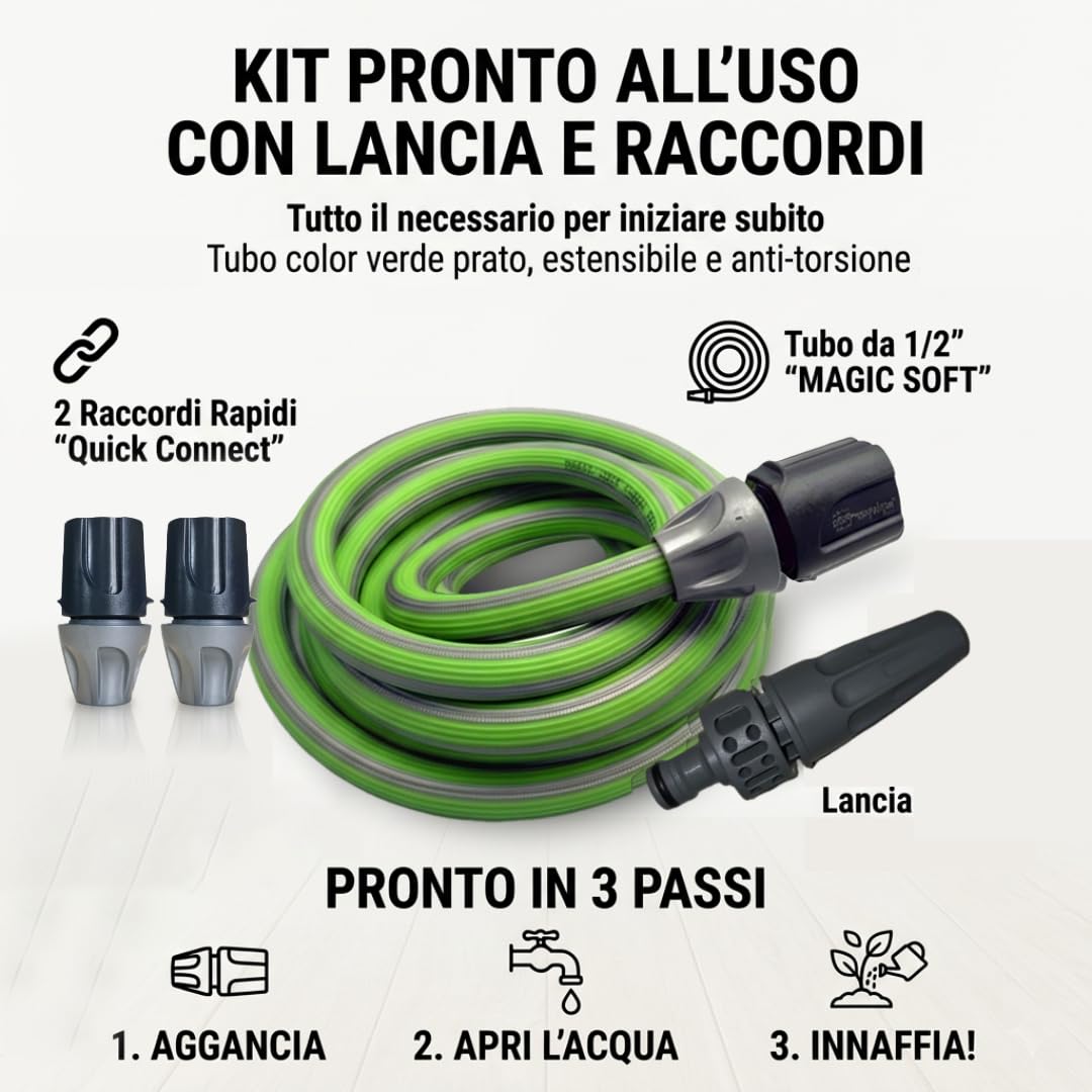 Tubo Estensibile da Giardino 14m 1/2'' Kit Completo con Lancia, Anti-Nodo, Antitorsione, Atossico, Raccordi Rapidi, Made in Italy