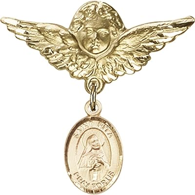 Gold Filled Baby Badge with St. Rita of Cascia Charm and Angel w/Wings Badge Pin 1 1/8 X 1 1/8 inches