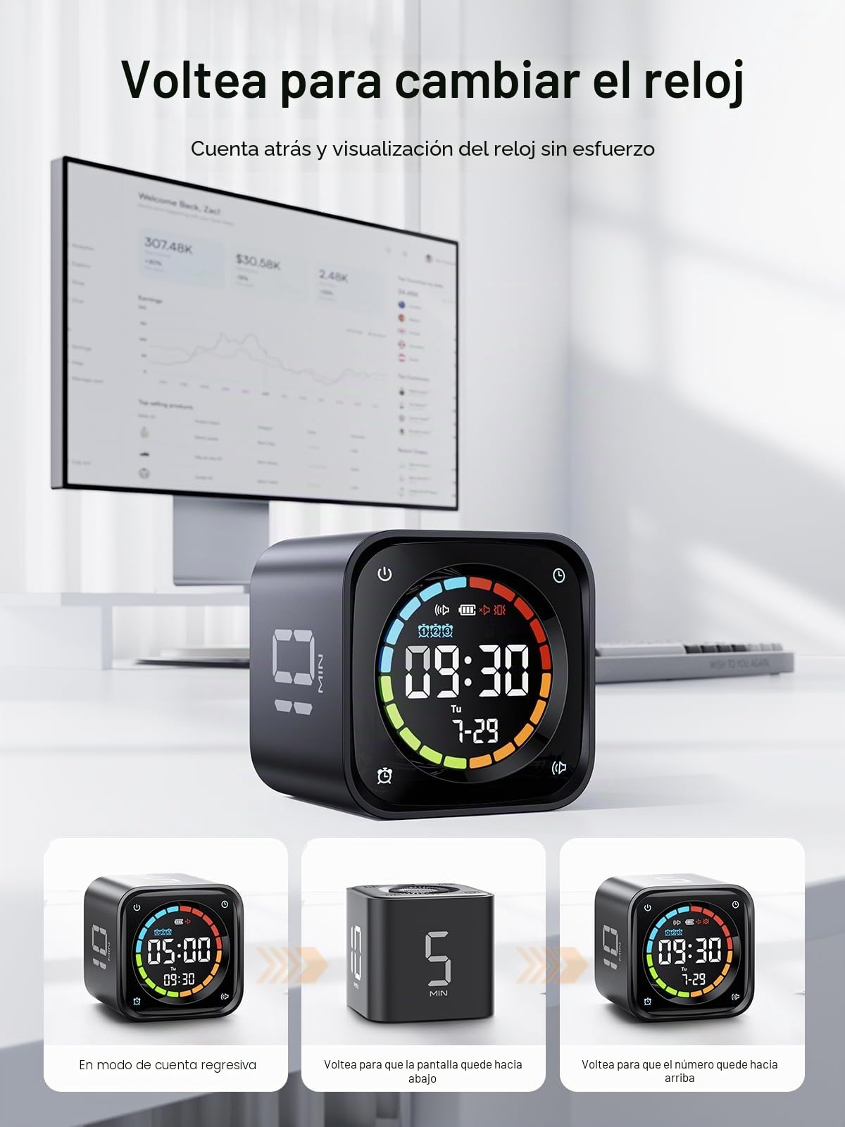 Ticktime TK3 Temporizador Pomodoro, Presets 5/10/30/60 Min, Cuenta Regresiva, Cronómetro y Reloj LED, 3 Alarma, Vibración/Silencio/Sonido, Recargable, para TDAH Oficina Estudios Tareas, Negro