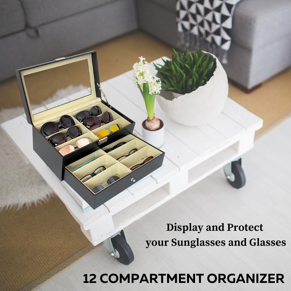 Evelots Eye Glass Case - Sunglasses Organizer Box - 8 or 12 Slot - No Scratch Lining Tray - Vegan Leather - Clear Acrylic Lid