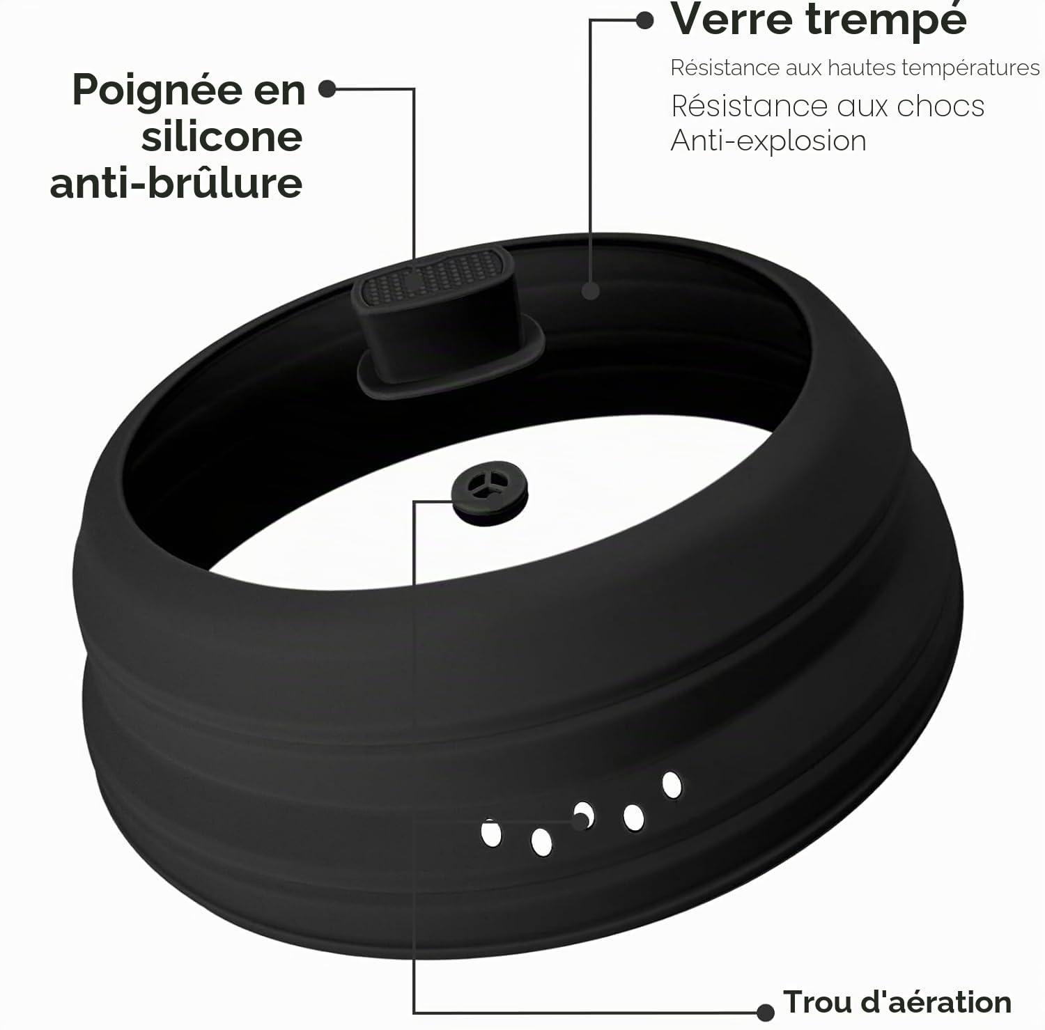 Couvercle anti-éclaboussures en verre pour micro-ondes - Couvercle pliable avec poignée en silicone pour casserole, assiette et bol - 24 cm (Noir, 9.8inch)
