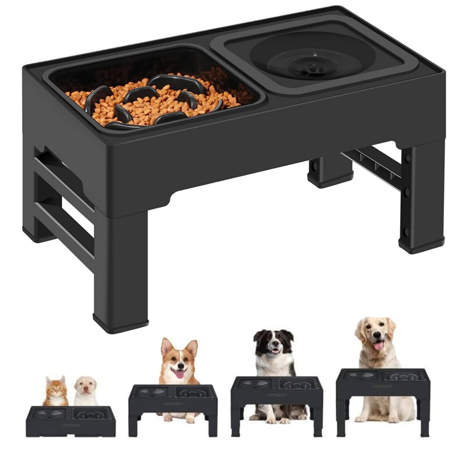 Masroo 2-in-1 Elevated Slow Feeder Dog Bowls with No Spill Dog Water Bowl 4 Height Adjustable Raised Dog Bowl Non-Slip Dog Food and Water Bowls with Stand for Small Medium Large Dogs, Cats and Pets