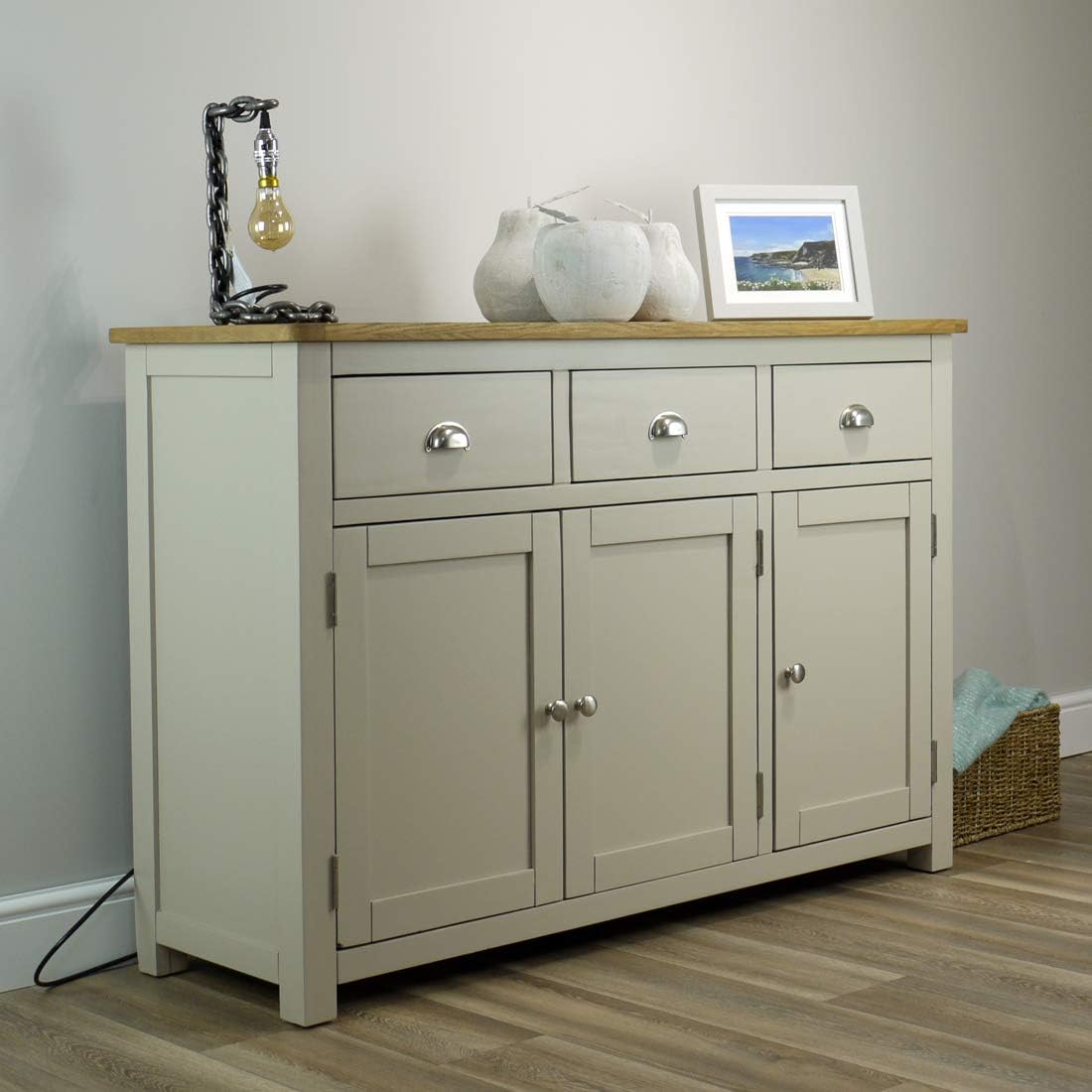 Wellington Painted Oak Grey Large Sideboard / 3 Door 3 Drawer Dresser Base - With Solid Oak Top