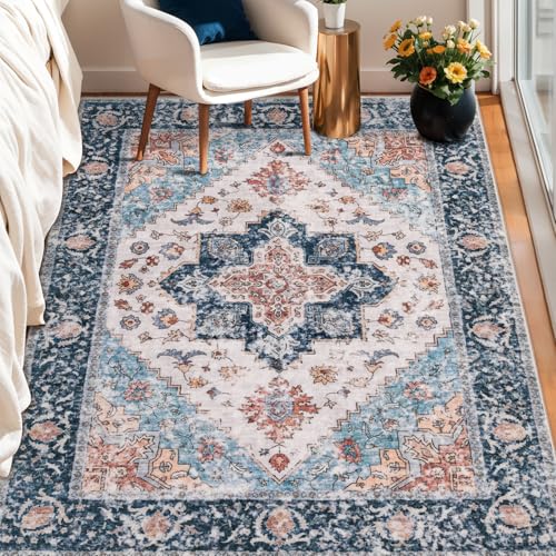 SERISSA Area Rug 3x5 Boho Rugs for Bedroom, Washable Kitchen Rugs Non-Slip, Ultra Soft Print Distressed Tribal Entry Rug Low-Pile Throw Rug Blue Orange Carpet for Bedroom Nursery Living Room Decor