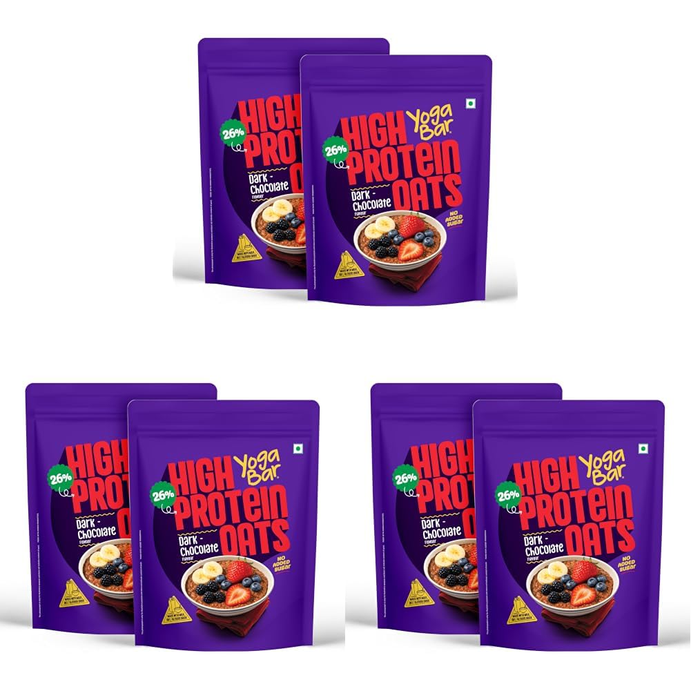 [BRSRYZAOPMCAGYDV] Yogabar 26g High Protein Oats 1kg, Pack of 6 , Dark Chocolate - 26g Protein per 100g &No added sugar -High Protein Oats for Gym- Premium Protein Blend with Whey Protein Powder - with Chia, Sunflower & Pumpkin Seeds & Probiotics