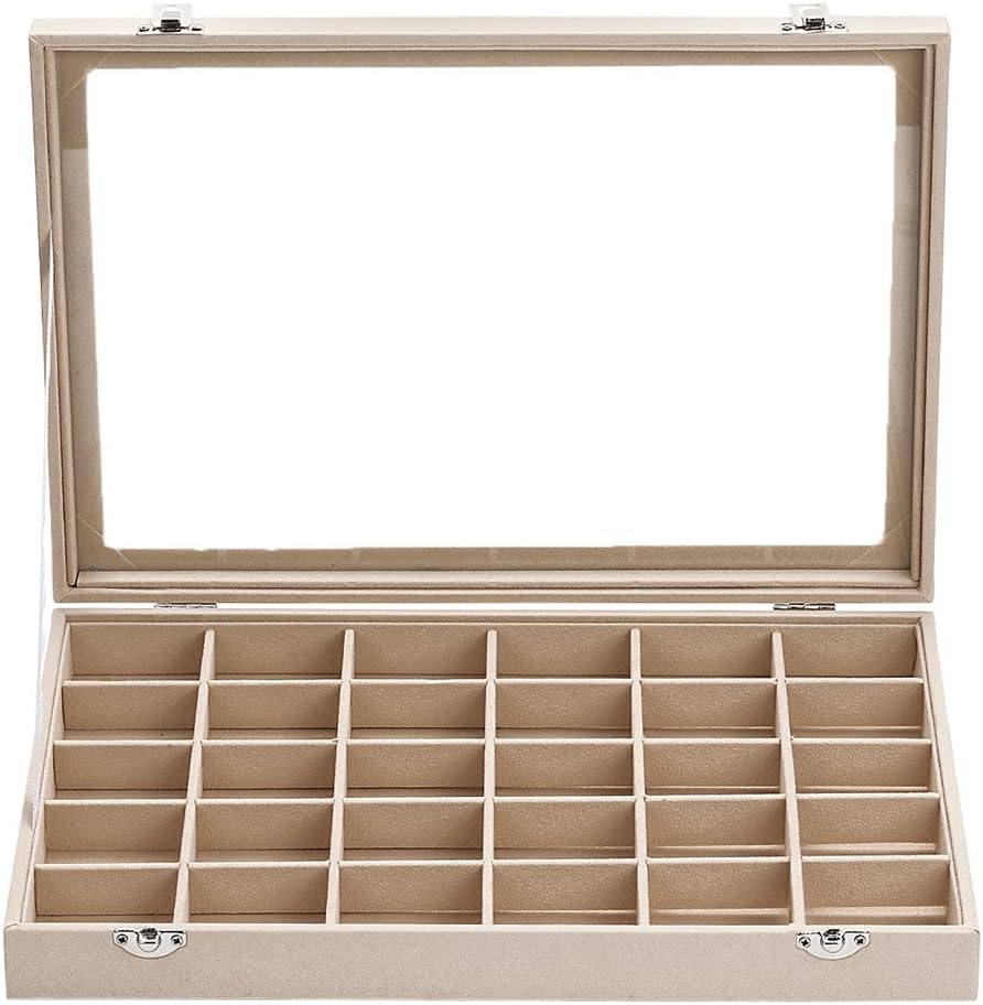 Sky Piea 30 Grid Velvet Glass Jewelry Box Jewellery Organiser Earring Ring Storage Holder Case Box (Beige)