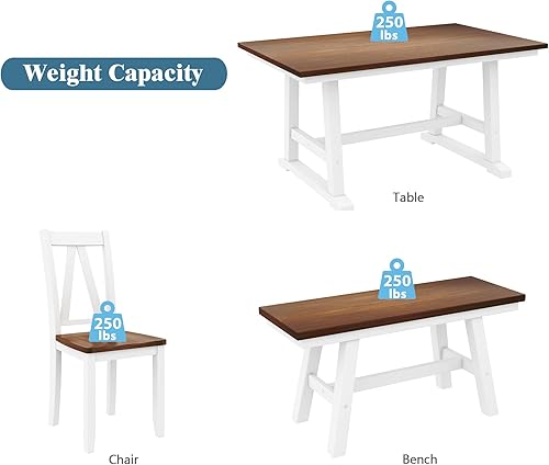 Miniatura 5 de Merax Juego de mesa de comedor de madera estilo granja de 6 piezas con banco largo y 4 sillas nogal y blanco