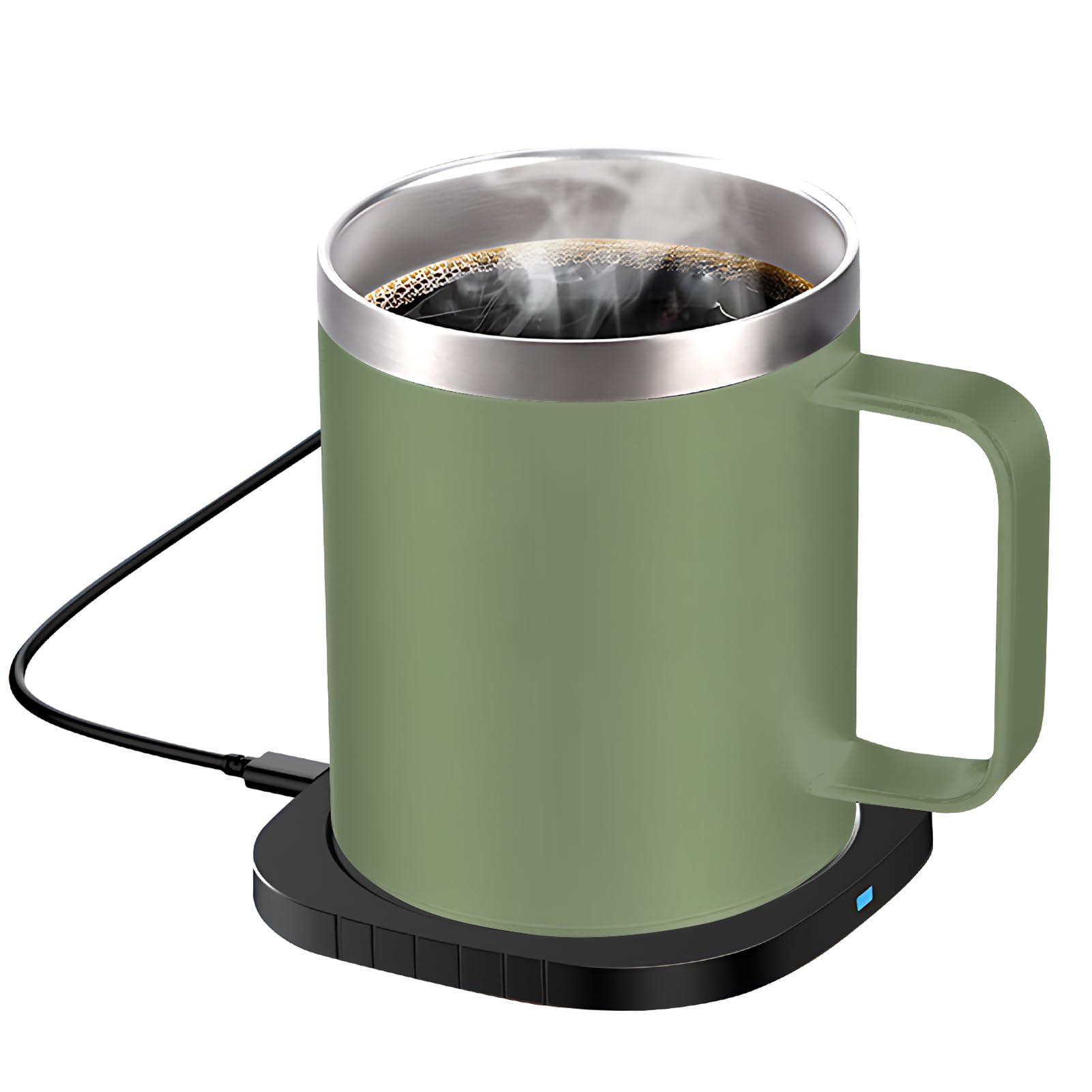 HUIOP calentador de tazas,Calentador de tazas de café 2 en 1 y cargador inalámbrico con taza y tapa 131.0 °F/131 ℉ Temperatura constante inteligente 10.5 oz Calentador de tazas de bebidas de acero ino