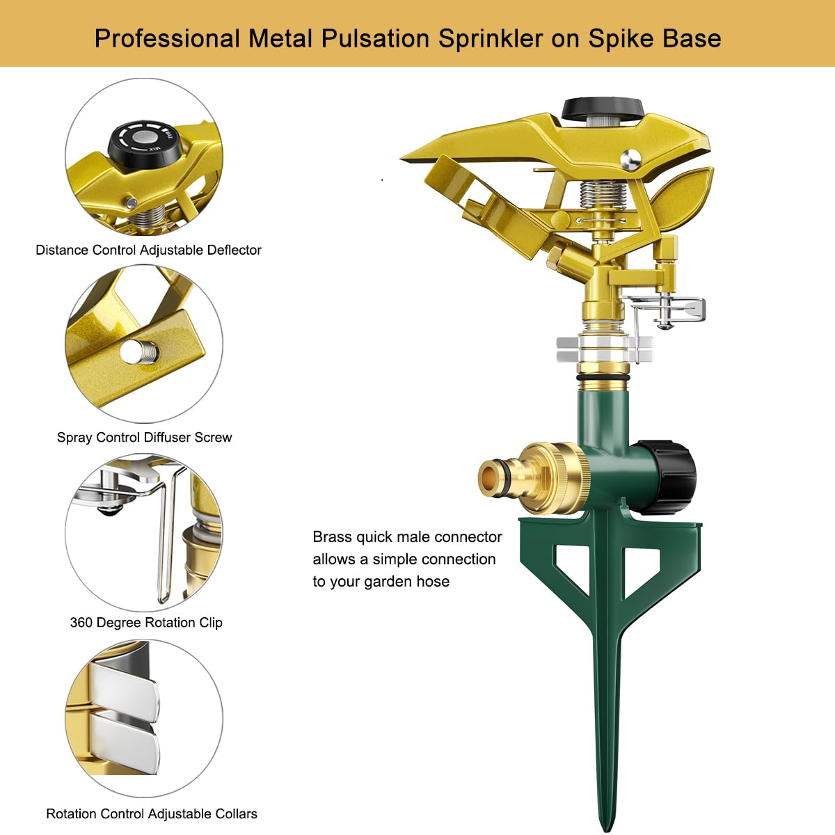 FANHAO Pulsationssprenger aus Metall, Robuster Rasensprenger auf Erdspieß, Impulsprenger zur Bewässerung Flächen bis 540 m², 360° drehbar für große Flächenabdeckung