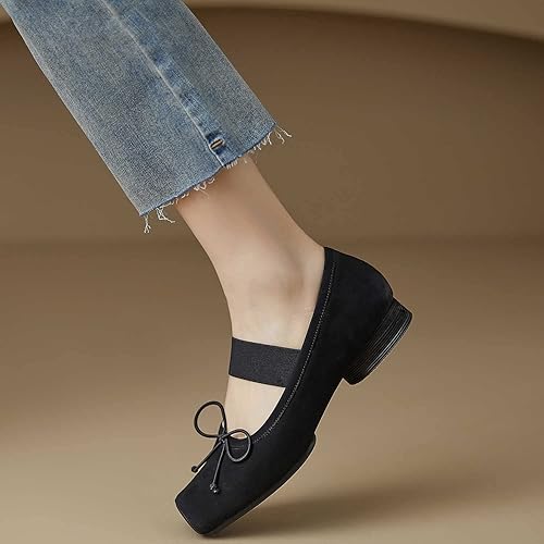 Miniatura 5 de Zapatos planos de ballet de piel nobuck para mujer, punta cuadrada retro con banda ancha elástica entrecruzada, zapatos de tacón bajo y fino