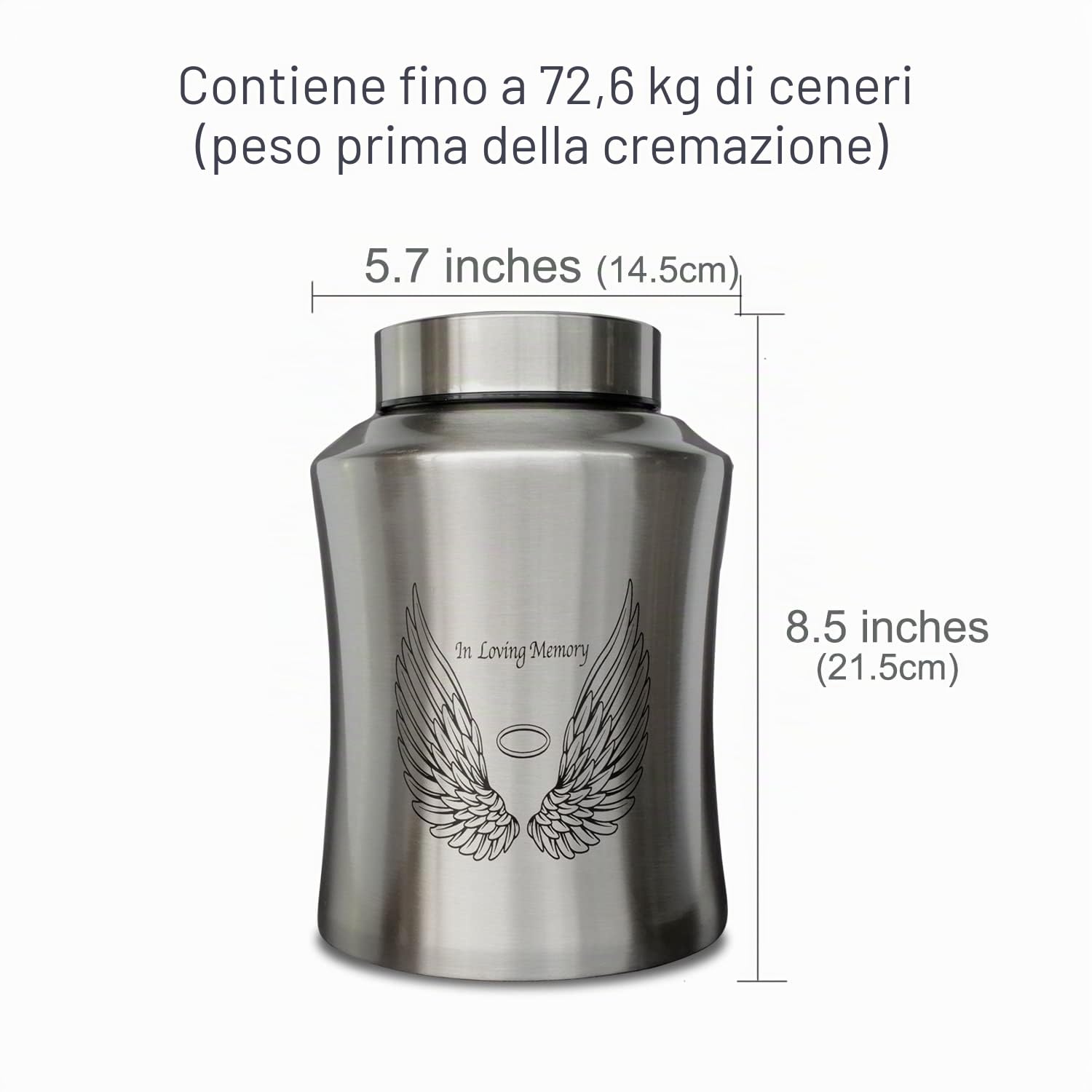 CHIEMOT, Grande urna funeraria per ceneri di adulti, fino a 72,5 kg, decorata con ali d’angelo e scritta “In Loving Memory”, con sacchetto di velluto, argento