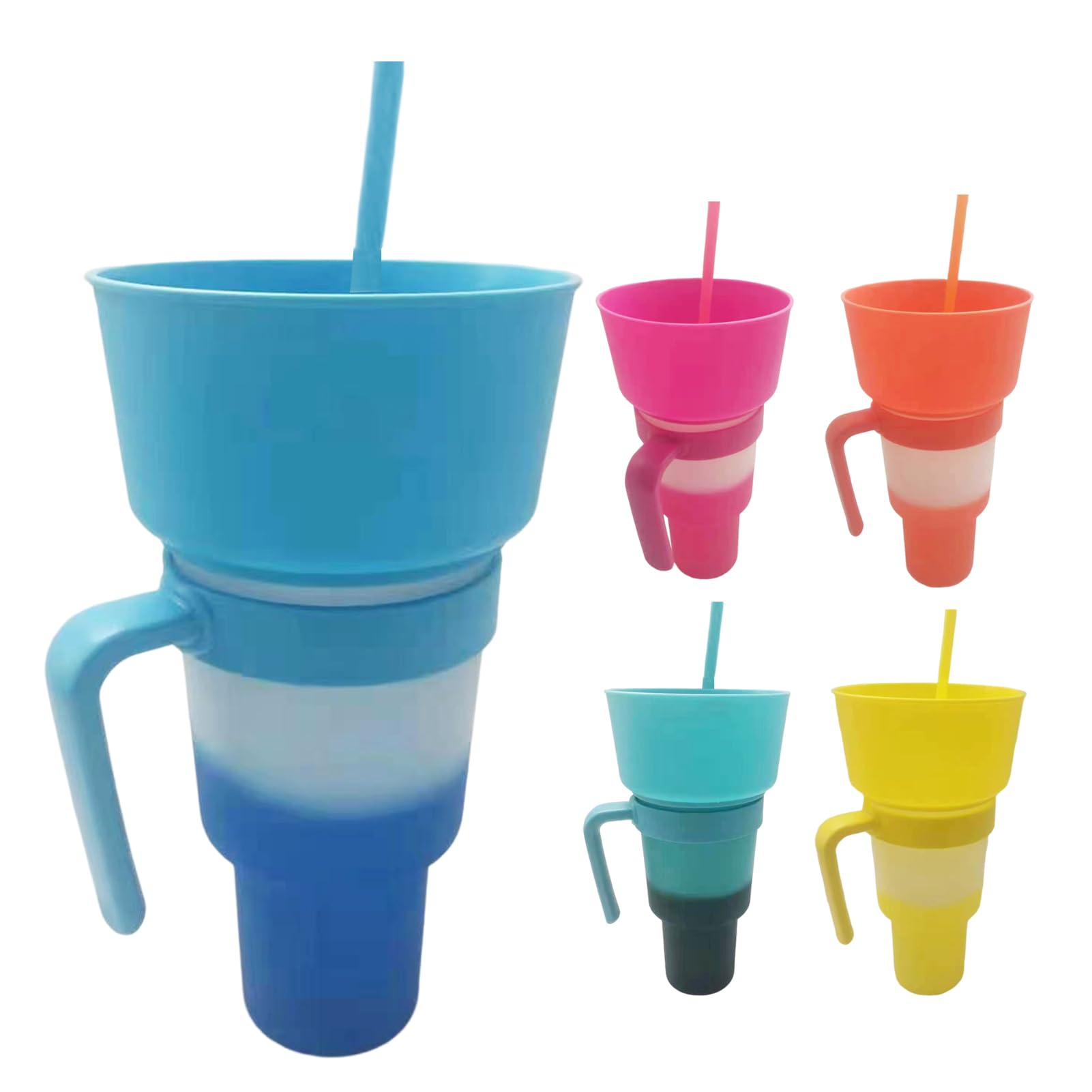 5 vasos 2 en 1, vasos de plástico reutilizables para bebidas y aperitivos con popote, vaso de estadio con cuenco superior para papas fritas y Coca-Cola, perfecto para uso sobre la marcha con una