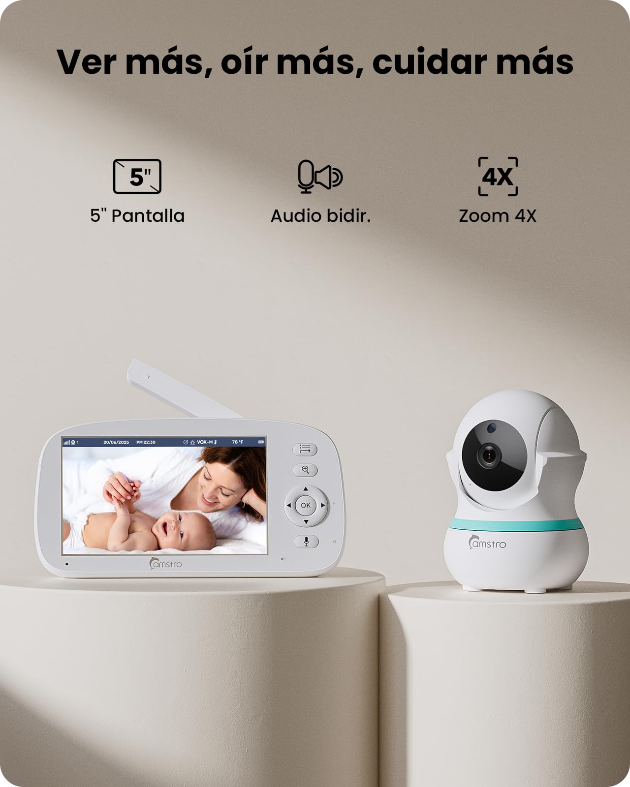 Babyphone cámara de 5 Pulgadas, 360°, Zoom 4X, visión Nocturna, Audio bidireccional, 5000 mAh, batería de recordatorio de alimentación, cunas, detección de llanto VOX sin WiFi, detección de