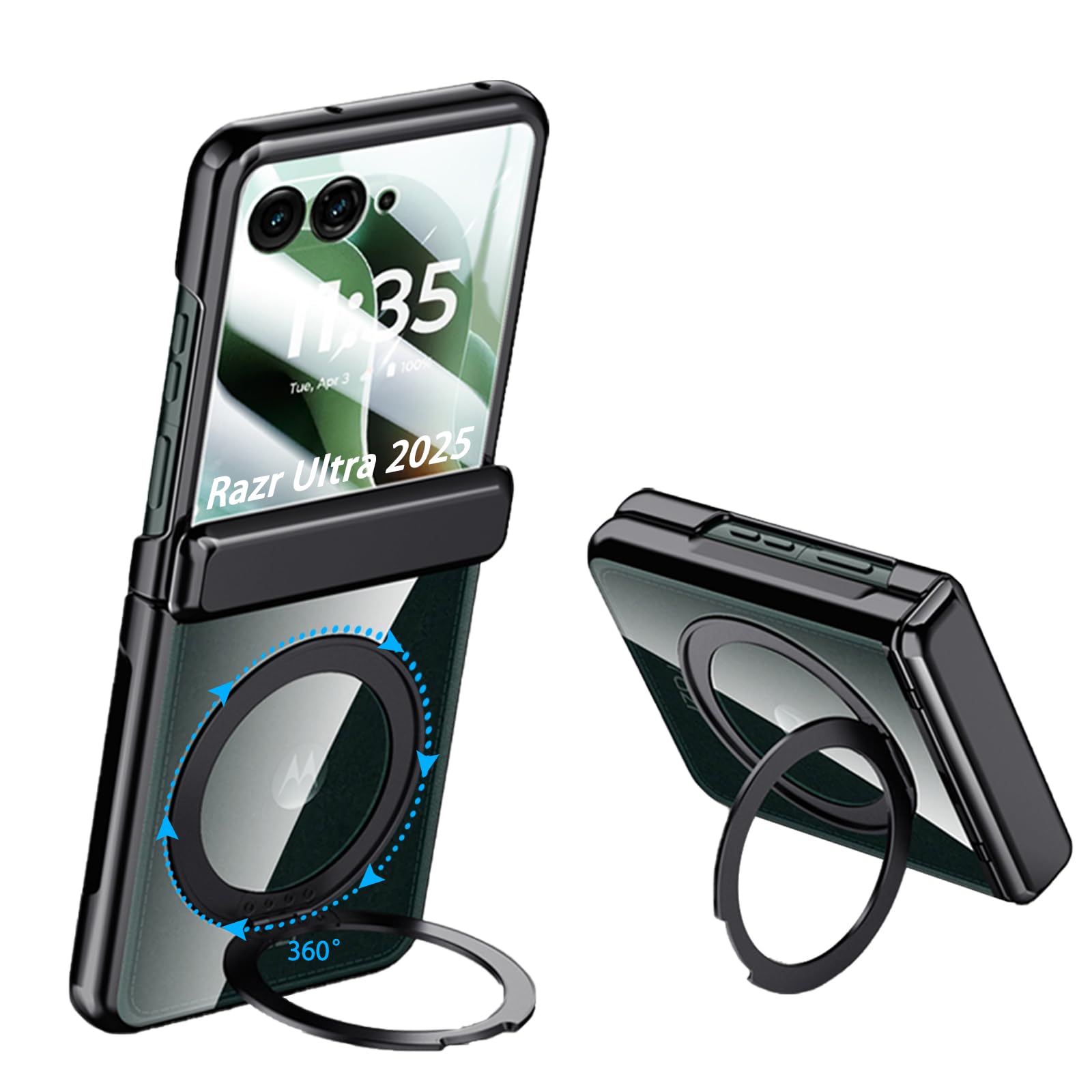 YuetWay for Motorola Razr Ultra 2025 Clear Case with Hinges Protection & 360° Spin Magnetic Ring Stand & Built-in Screen Protector Electroplated Frame