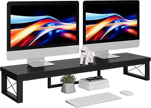 IBUYKE Soporte elevador grande para monitor doble para 2 monitores, soporte de madera para monitor de computadora de escritorio, estante de