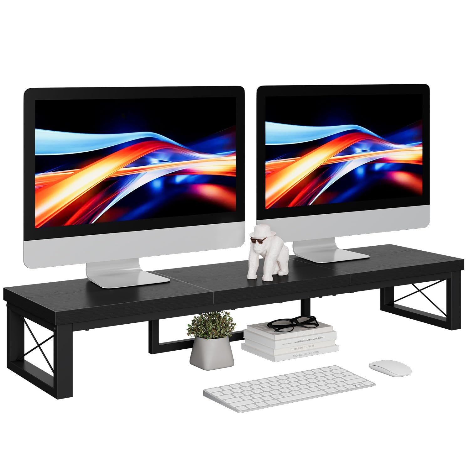 IBUYKE Soporte Doble Monitor Escritorio, 97cm Madera de Elevador Monitor Soporte, Doble Pantalla Oficina de Escritorio, apto para PC, Impresoras, Portátiles y TV, Accesorios Ordenador, Negro TDJ002B