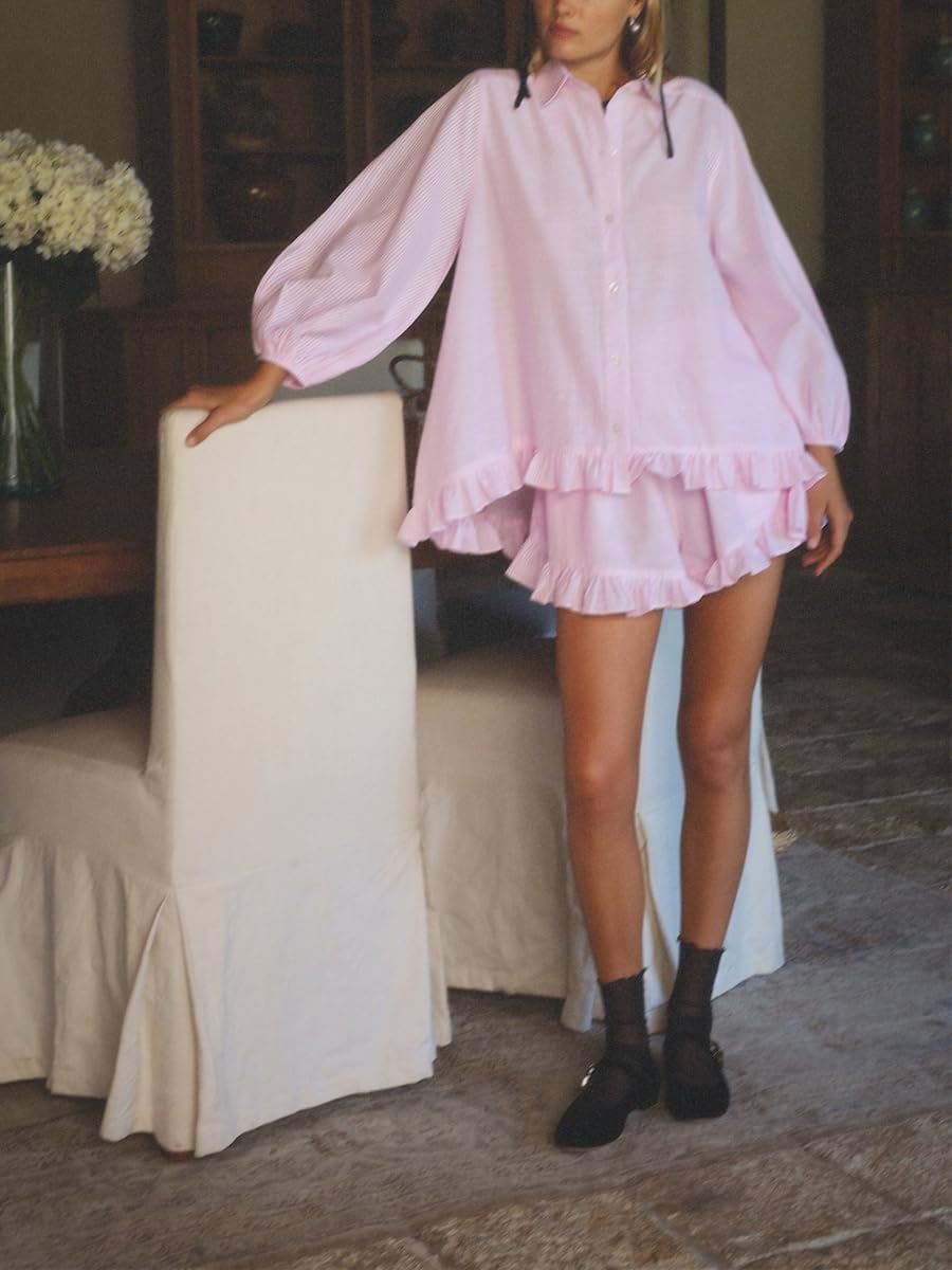 Womens 2 Piece Outfits Ruffle Trim Long Sleeve Button Down Shirt and Shorts Casual Striped Lounge Sets - Image 5