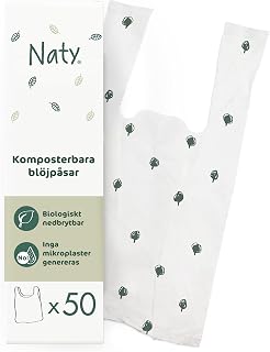 Naty Compostable Nappy Bags with Tie Handle, 50 Pieces | Perfume Free Diaper Change Bags & Disposal, Travel & Pet Waste, Plant-Based, For On-the-Go Use