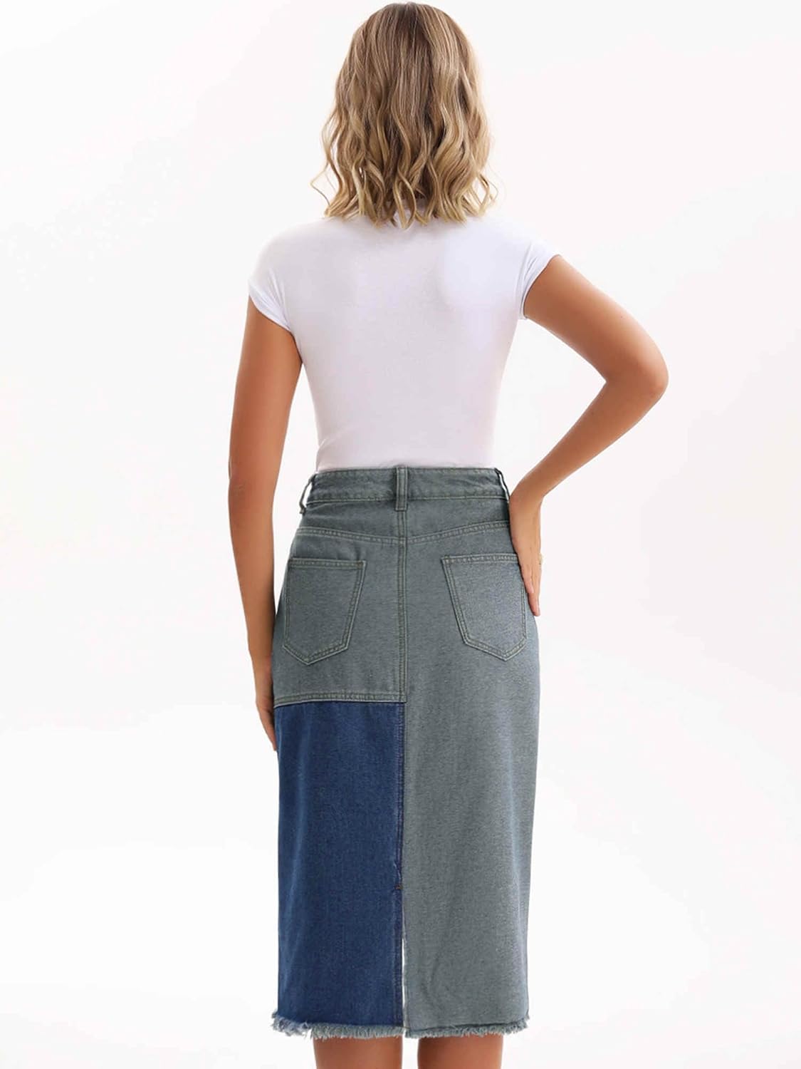 Women's Denim Skirt Patchwork Color Block Raw Hem High Waisted Midi Jean Skirts with Slit - Image 4