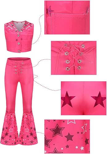 Miniatura 3 de Disfraz de vaquera rosa para niñas, trajes de discoteca hippie de los años 70 y 80 para niños, disfraz de cosplay de Halloween con accesorios