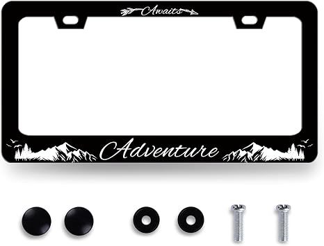 Adventure Awaits License Plate Frame Funny Mountains License Holder | Stainless Steel With Screw Fits US Standard Auto Parts 12.3x6.3Inch For Men Women Car Plate Frame Decorat Easy Installation
