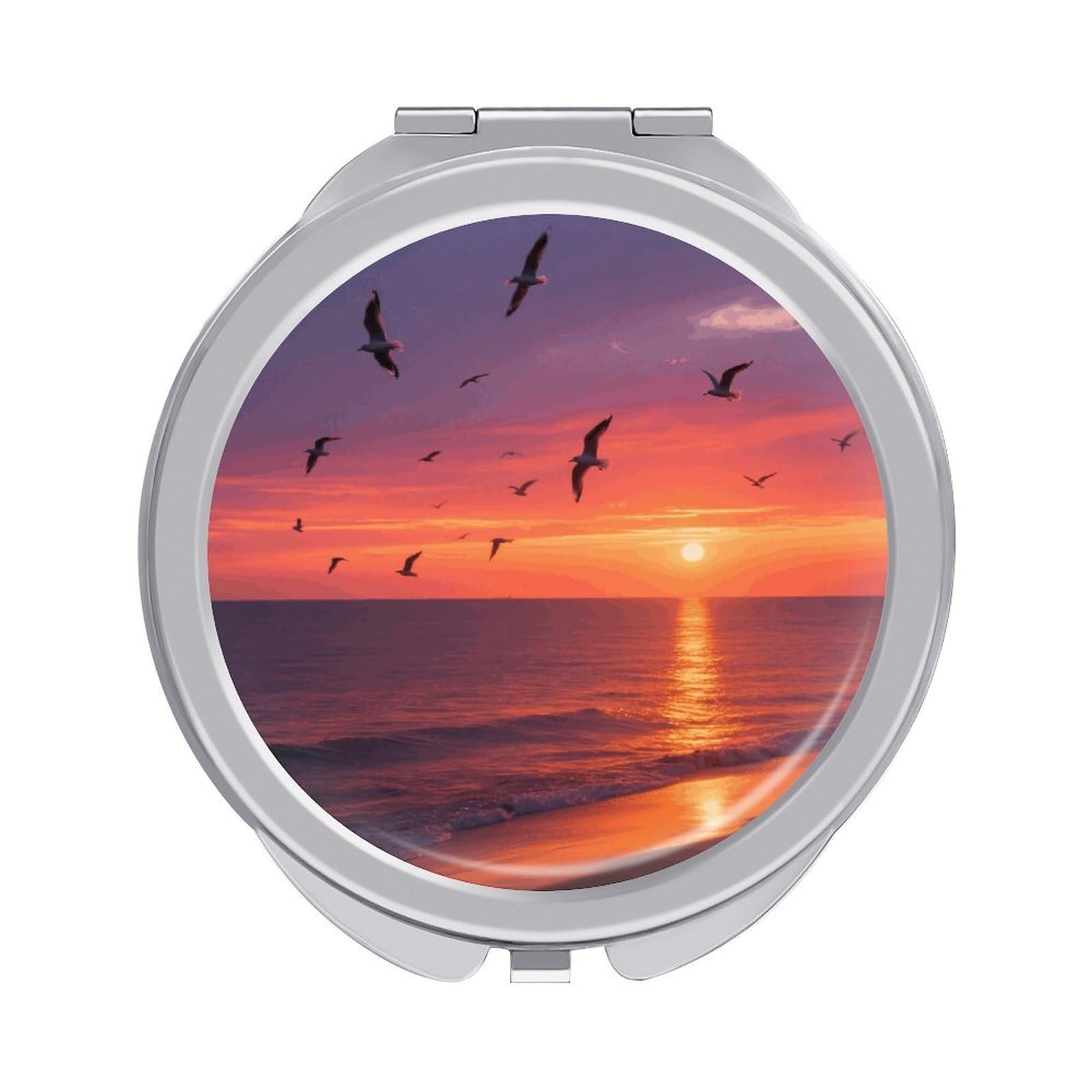 FodPand Compact Hand Mirror with 1x/2x Magnifying Round Travel Makeup Mirror Mini Foldable Beach Ocean Scenery Cosmetic Mirrors Travel Essentials Gift for Women Girl Portable for Pocket Purse -Silver