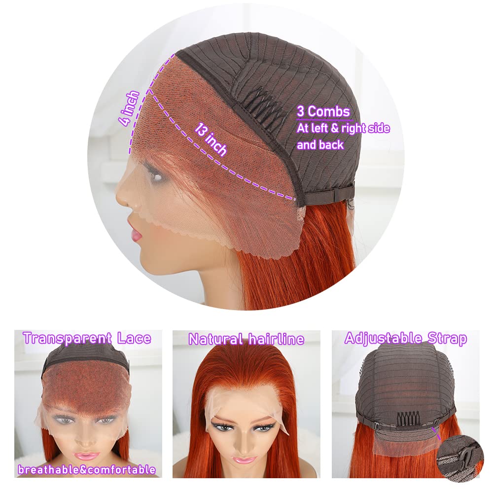 Edwad Ginger Orange 13x4 Lace Front Wigs Human Hair Pre Plucked For Black Women Colored Human Hair Lace Front Wigs Straight Human Hair Wig 150% Density