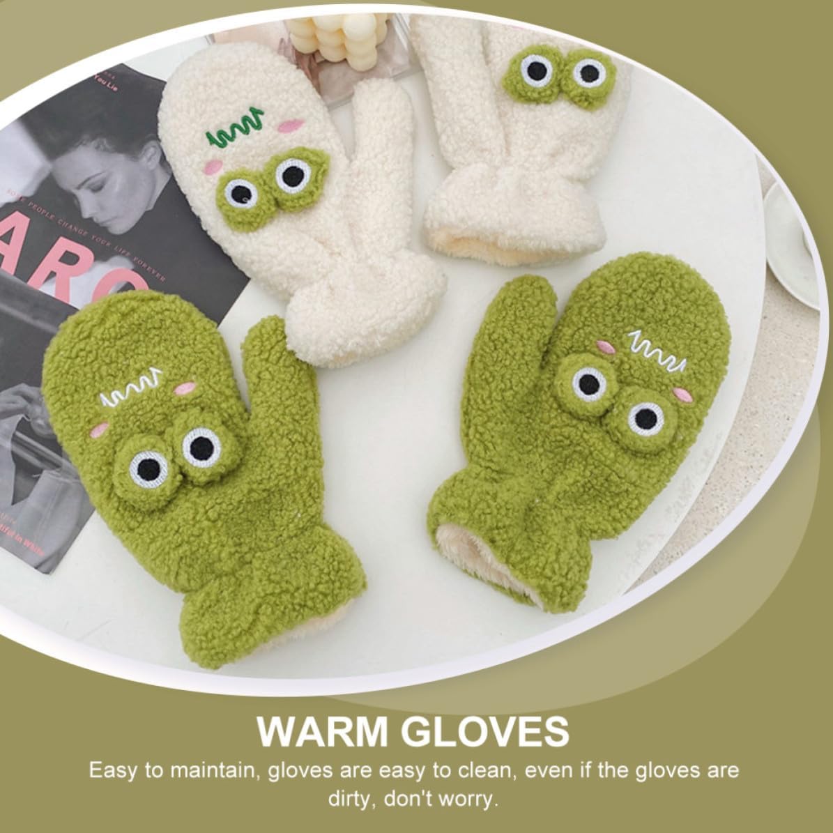 GLEAVI 1 Pair Cartoon Green Fluff Gloves for Adults, Winter Hand Protector with Moisture Absorption and Easy to Wear Features, Soft Warming Mitts for Cold Weather Use