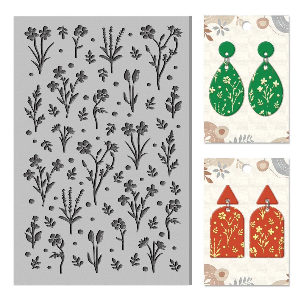 CHGCRAFT Wildflowers Polymer Clay Texture Sheets Realistic SilhouetteTexture Mat Polka Dots Rubber Clay Texture Mat Clay Modeling Pattern Pad Texture Sheets for Earrings Jewelry Making