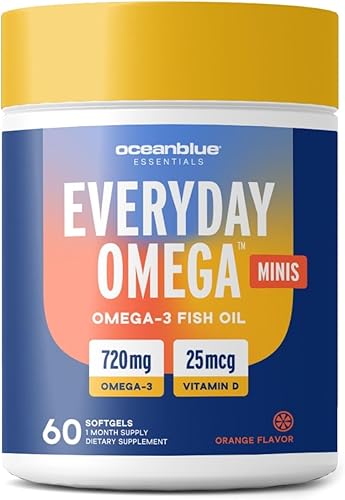 Oceanblue Suplemento Omega-3 para mujeres Aceite de pescado sin eructos de 720 mg con vitamina D3 Pastillas pequeñas fáciles de tragar Soporte