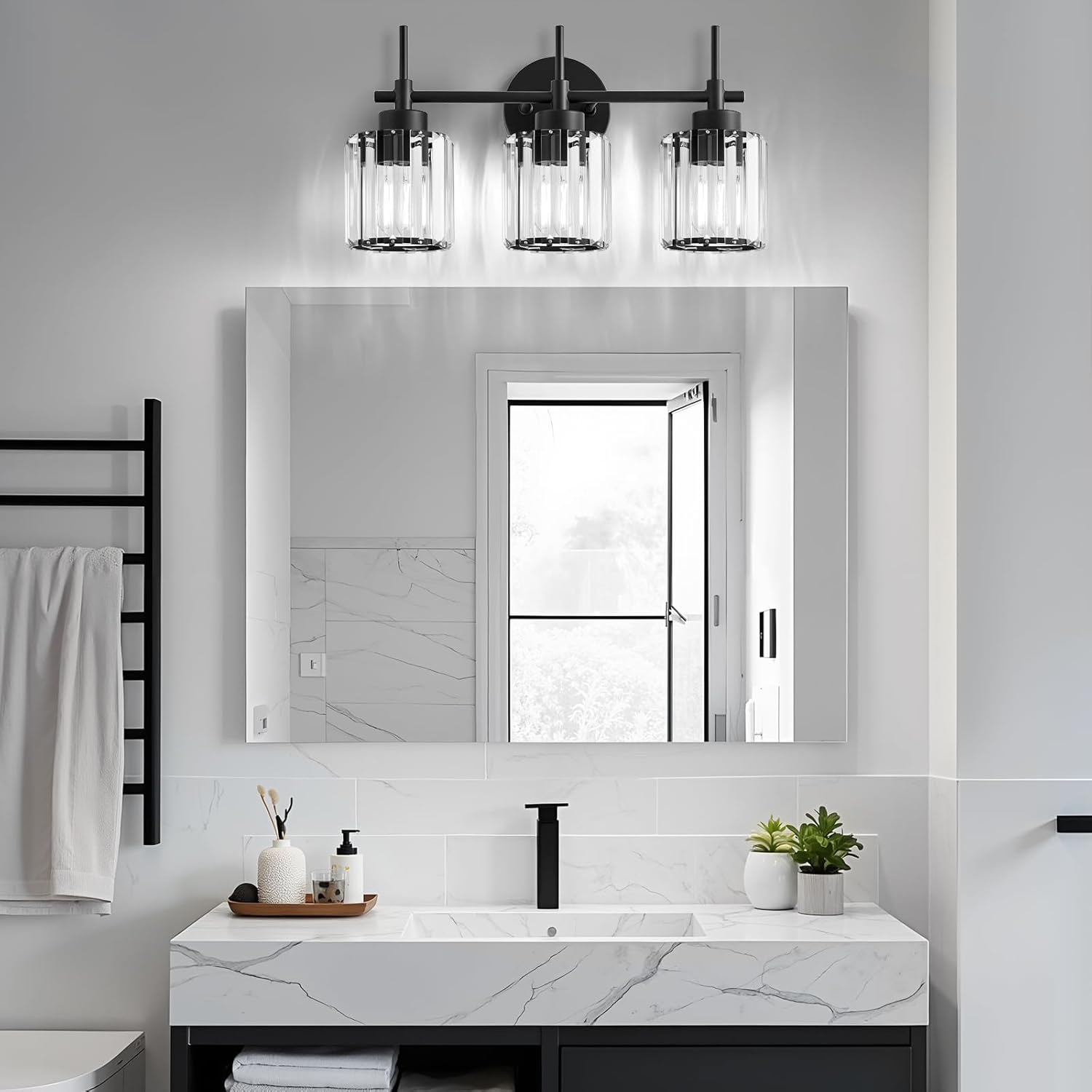 3 Light Black Crystal Vanity Light, Modern Bathroom Vanity Light Over Mirror, Up and Down Mount Wall Sconce Lighting for Bathroom Bedroom Living Room Hallway