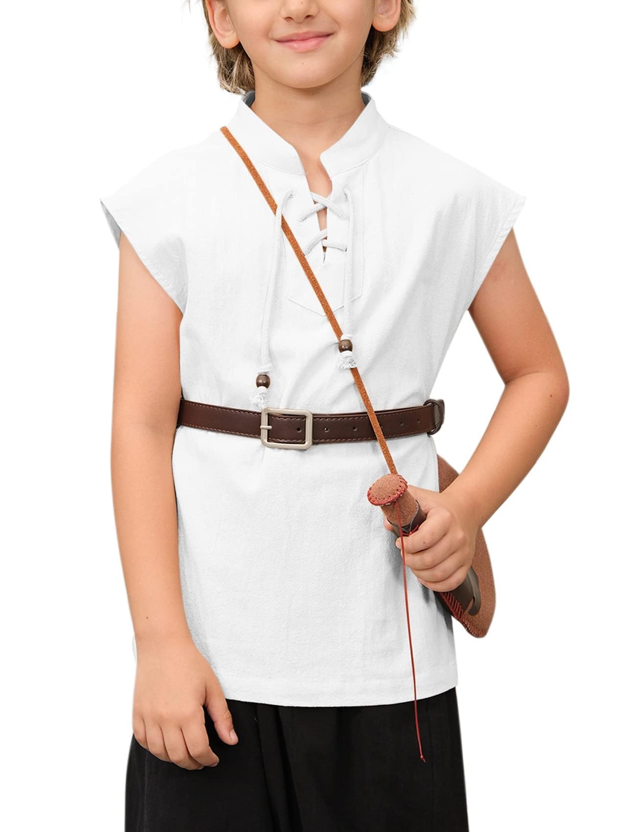 Haloumoning Boys Renaissance Pirate Sleeveless T Shirts Kids Viking Medieval Lace-up Shirt Scottish Costume Tank Tops,White,3-4 Years