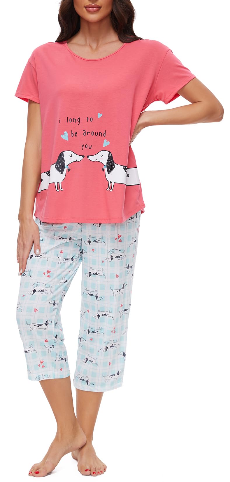 CHUNG Women Cotton Pajama Sets Sleepwear pjs Short Sleeve Shirt Capri Length Crop Pants Cute Vivid Print