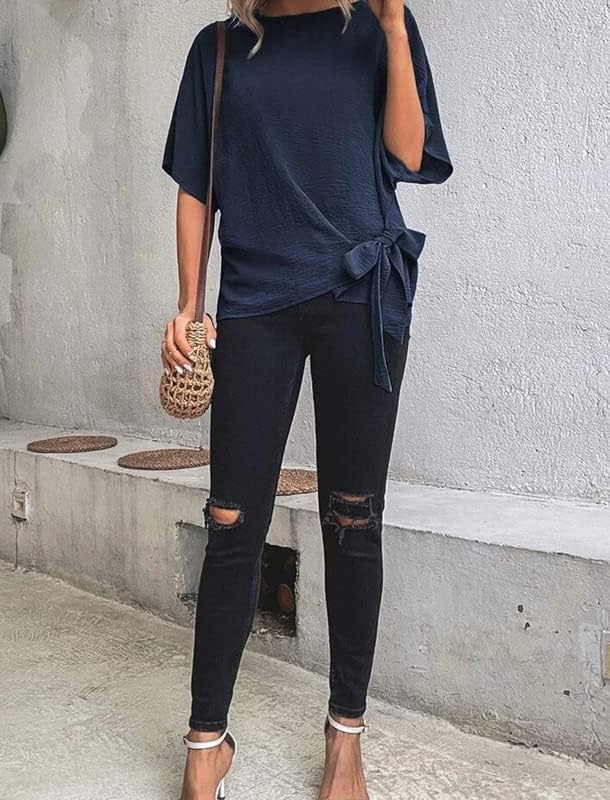 CORIRESHA Women's Batwing Sleeve Knot Side Tie Round Neck Loose Blouse Shirt Top - Image 3