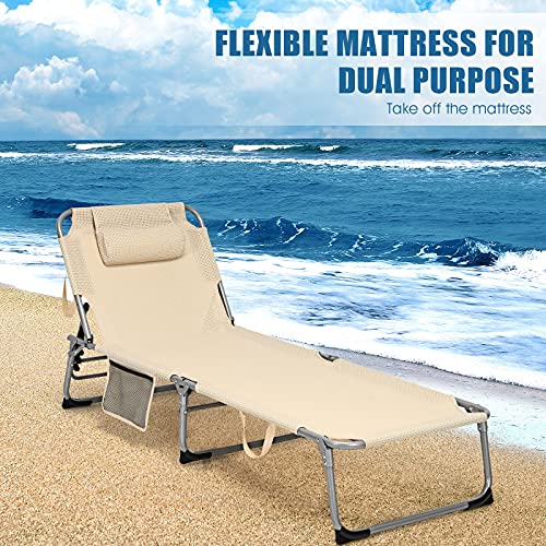 Giantex Lounge Chair Chaise Lounger, Beach Recliner With Mattress, 4 Adjustable Reclining Position, Pillow, Side Pocket For Beach, Sunbathing, Patio, Pool, Lawn, Deck Folding Camping Cot (1, Beige) #TOP3