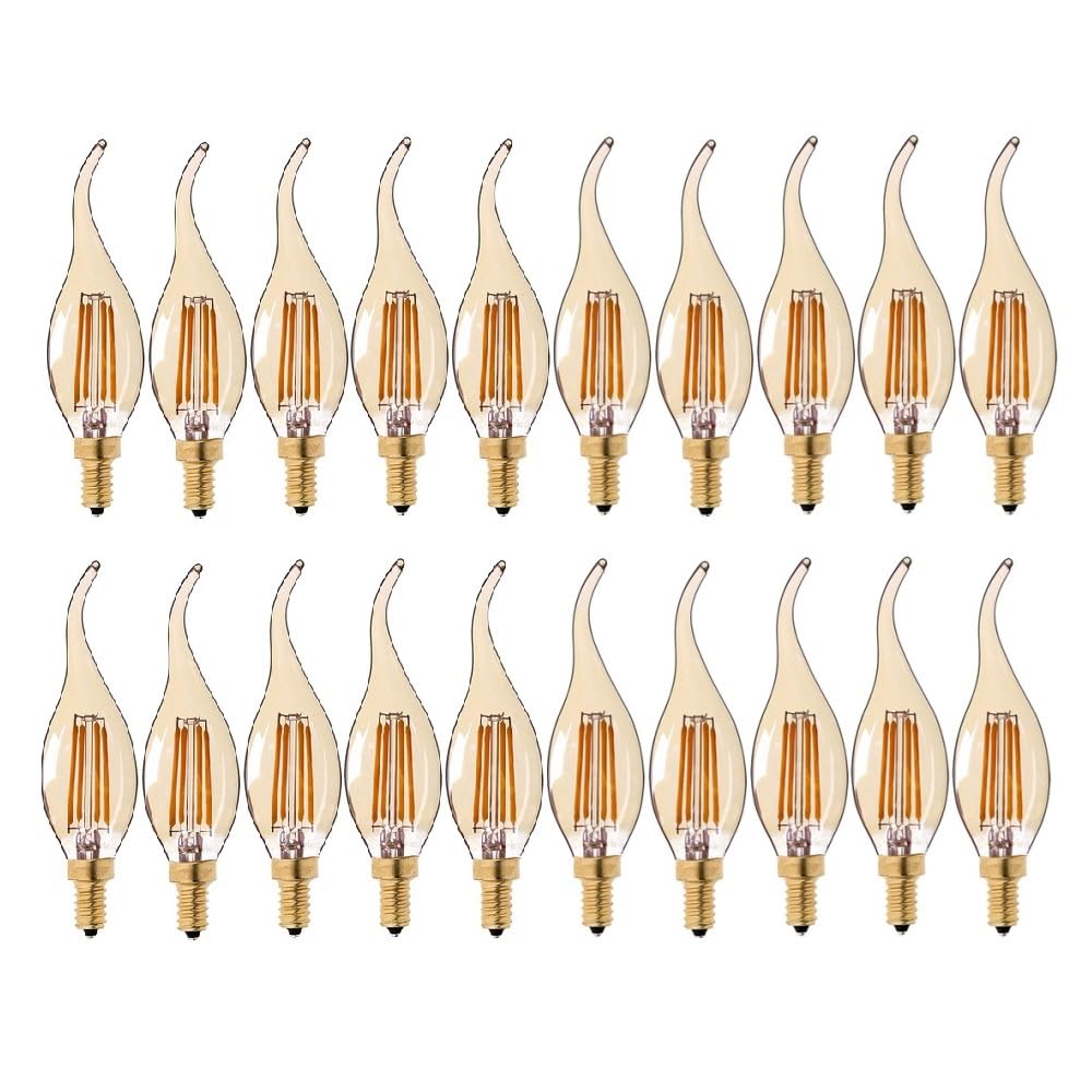 1fortunate Paquete de 20 bombillas de filamento LED Vintage Edison bombilla de tinte dorado AC220V C35T E14 lámpara LED con punta curvada de llama