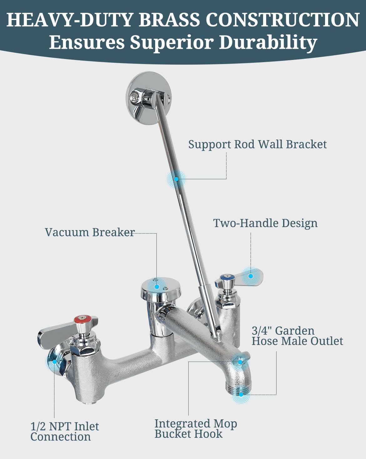 Commercial Mop Sink Faucet with Vacuum Breaker Wall Mount Service Sink Faucet & 3-1/2 Inch Commercial Sink Drain with Twist Handle Kitchen Sink Opening Waste Drain
